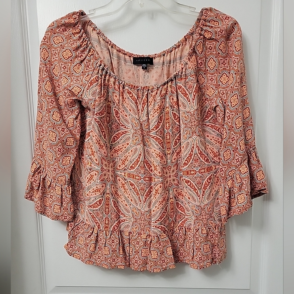 Sanctuary Womens Pullover Blouse Small S L/S Orange Multi Boho Top Anthropologie